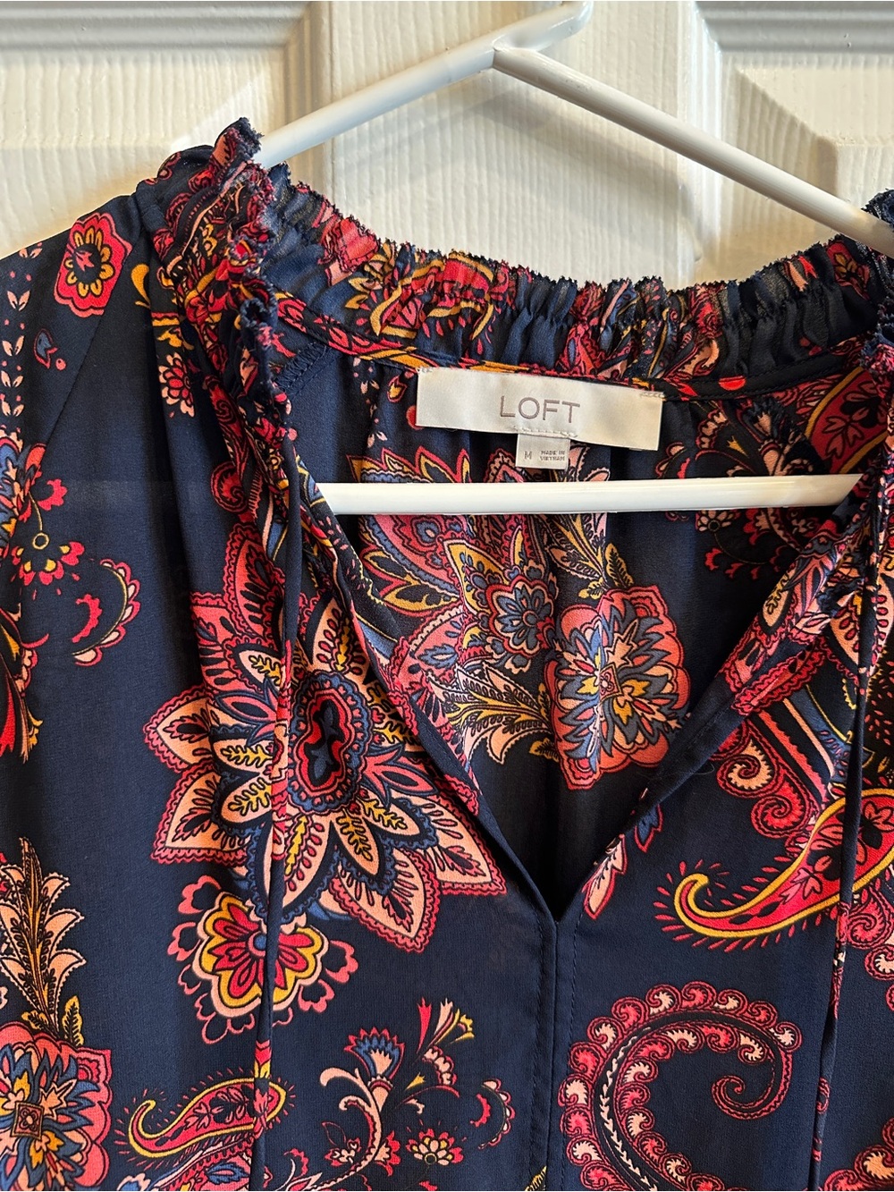 LOFT Navy Floral Paisley Tie-Neck Blouse - Picture 1 of 4